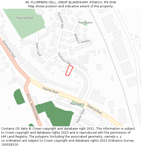 46, PLUMMERS DELL, GREAT BLAKENHAM, IPSWICH, IP6 0HW: Location map and indicative extent of plot