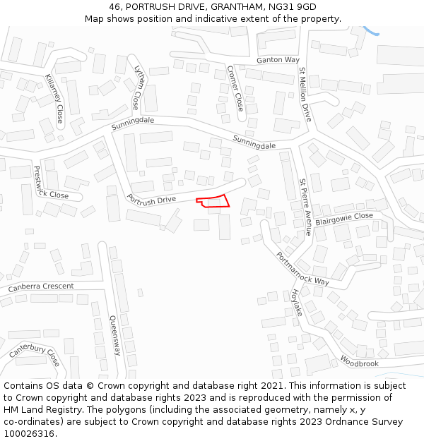 46, PORTRUSH DRIVE, GRANTHAM, NG31 9GD: Location map and indicative extent of plot