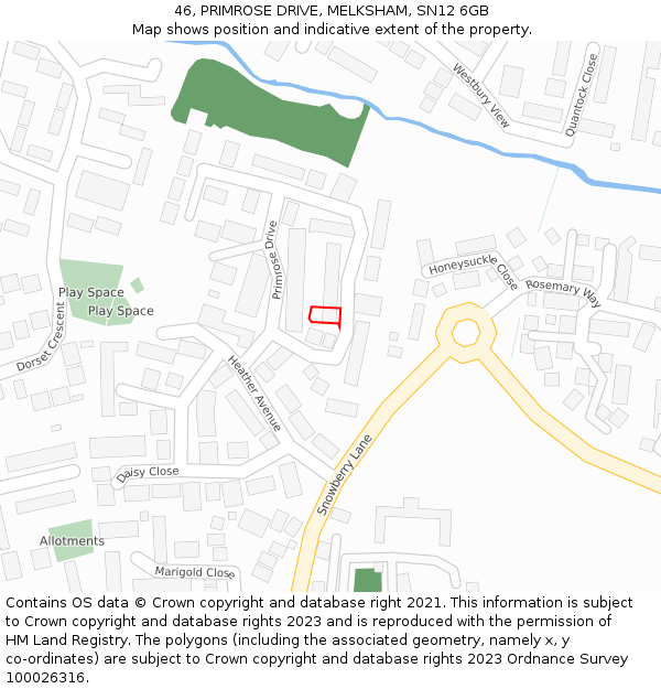 46, PRIMROSE DRIVE, MELKSHAM, SN12 6GB: Location map and indicative extent of plot