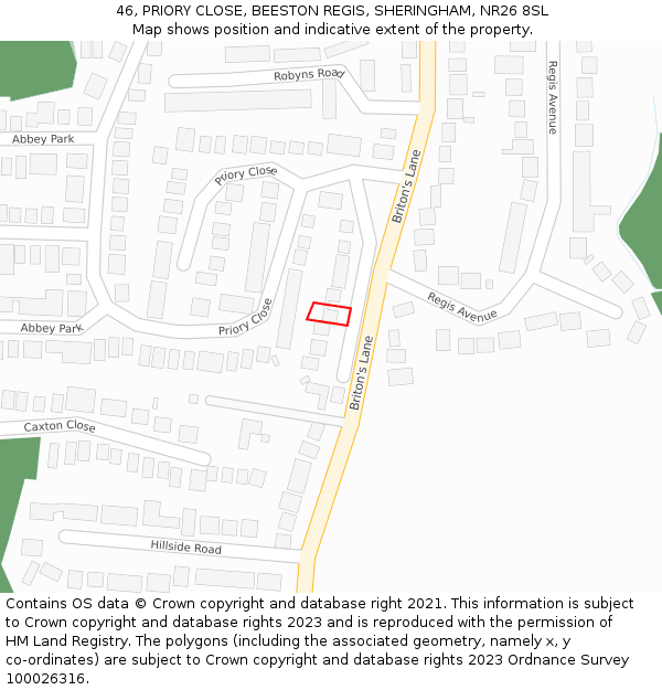 46, PRIORY CLOSE, BEESTON REGIS, SHERINGHAM, NR26 8SL: Location map and indicative extent of plot