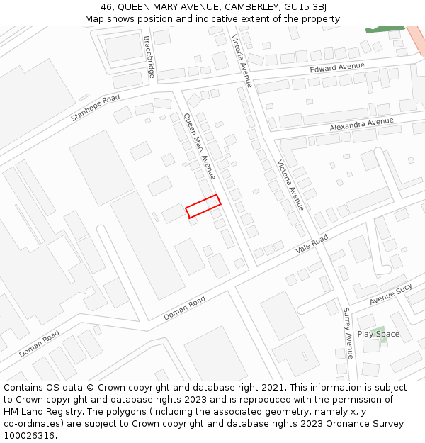 46, QUEEN MARY AVENUE, CAMBERLEY, GU15 3BJ: Location map and indicative extent of plot