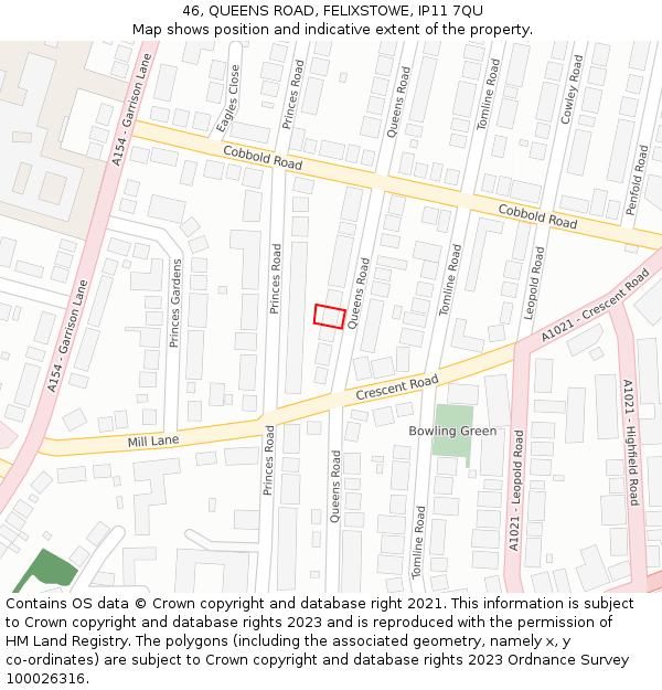 46, QUEENS ROAD, FELIXSTOWE, IP11 7QU: Location map and indicative extent of plot