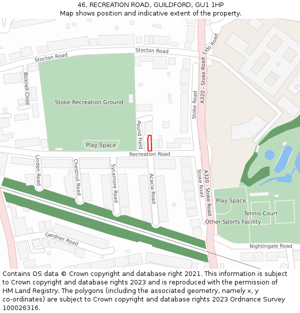 46, RECREATION ROAD, GUILDFORD, GU1 1HP: Location map and indicative extent of plot