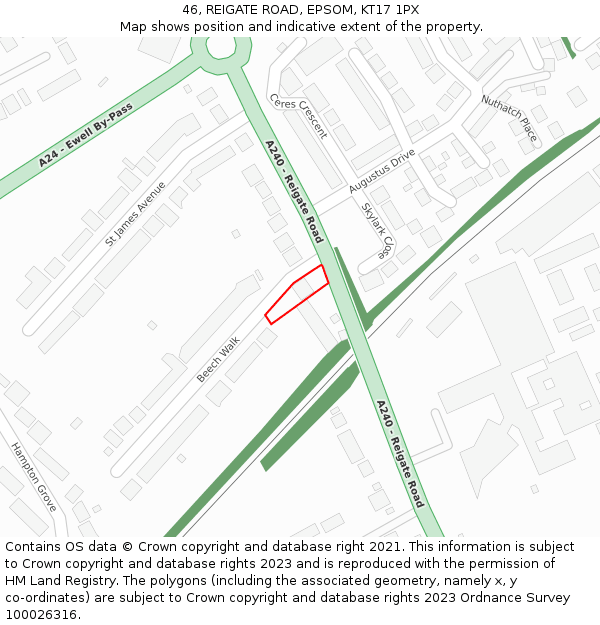 46, REIGATE ROAD, EPSOM, KT17 1PX: Location map and indicative extent of plot