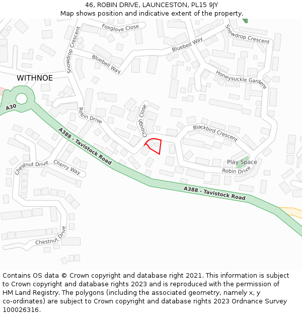 46, ROBIN DRIVE, LAUNCESTON, PL15 9JY: Location map and indicative extent of plot