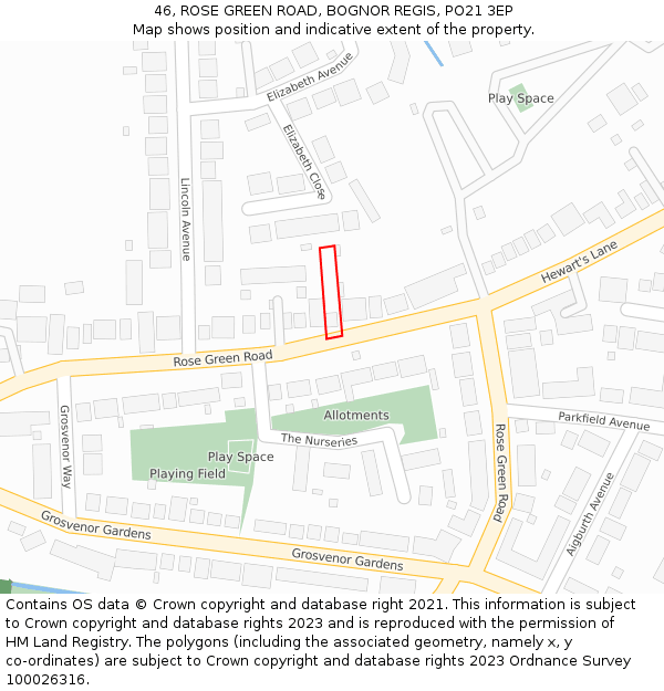 46, ROSE GREEN ROAD, BOGNOR REGIS, PO21 3EP: Location map and indicative extent of plot