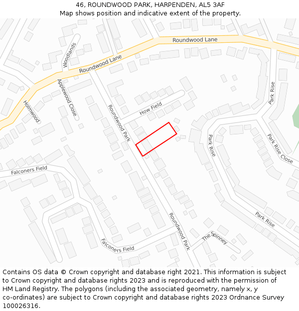 46, ROUNDWOOD PARK, HARPENDEN, AL5 3AF: Location map and indicative extent of plot