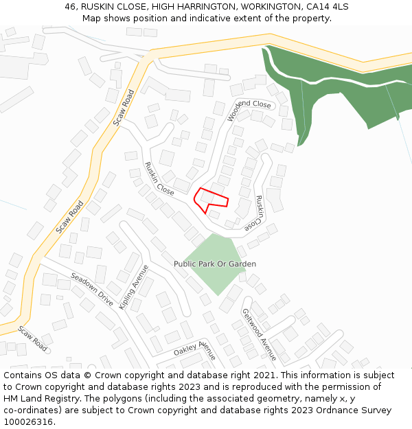 46, RUSKIN CLOSE, HIGH HARRINGTON, WORKINGTON, CA14 4LS: Location map and indicative extent of plot