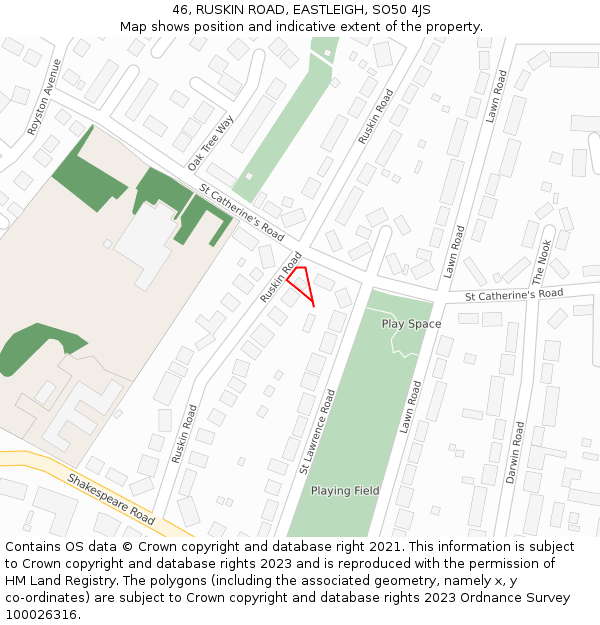 46, RUSKIN ROAD, EASTLEIGH, SO50 4JS: Location map and indicative extent of plot