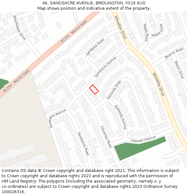 46, SANDSACRE AVENUE, BRIDLINGTON, YO16 6UG: Location map and indicative extent of plot