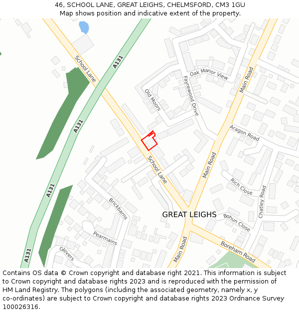 46, SCHOOL LANE, GREAT LEIGHS, CHELMSFORD, CM3 1GU: Location map and indicative extent of plot