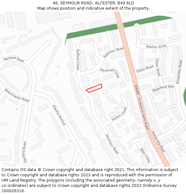 46, SEYMOUR ROAD, ALCESTER, B49 6LD: Location map and indicative extent of plot