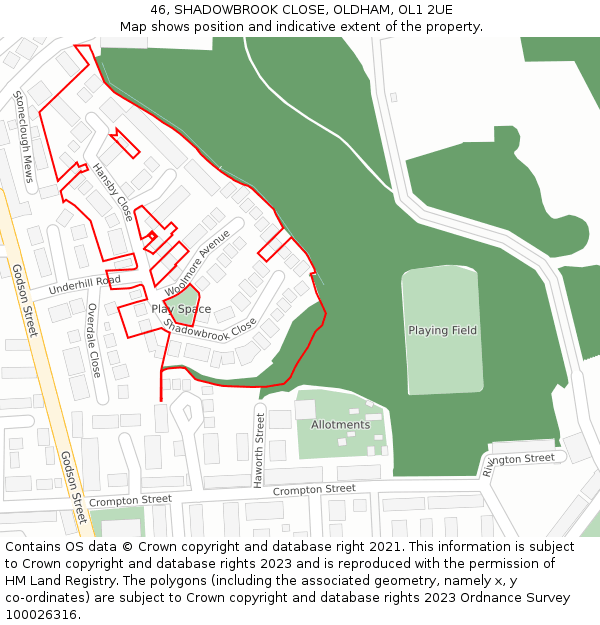 46, SHADOWBROOK CLOSE, OLDHAM, OL1 2UE: Location map and indicative extent of plot