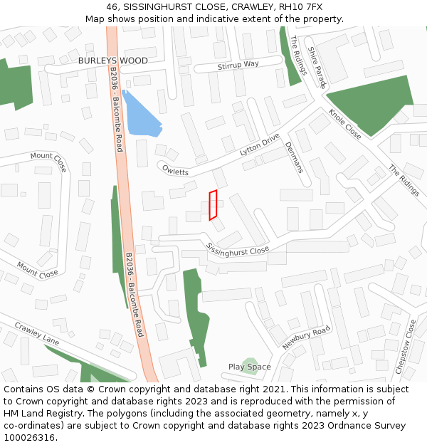 46, SISSINGHURST CLOSE, CRAWLEY, RH10 7FX: Location map and indicative extent of plot