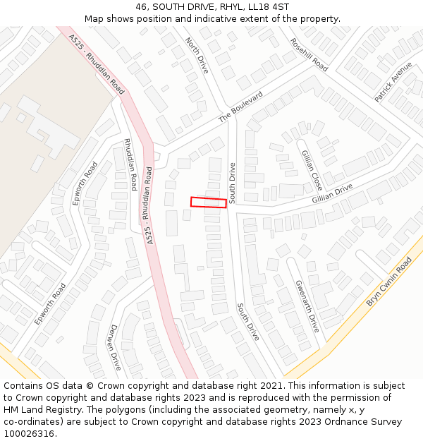 46, SOUTH DRIVE, RHYL, LL18 4ST: Location map and indicative extent of plot