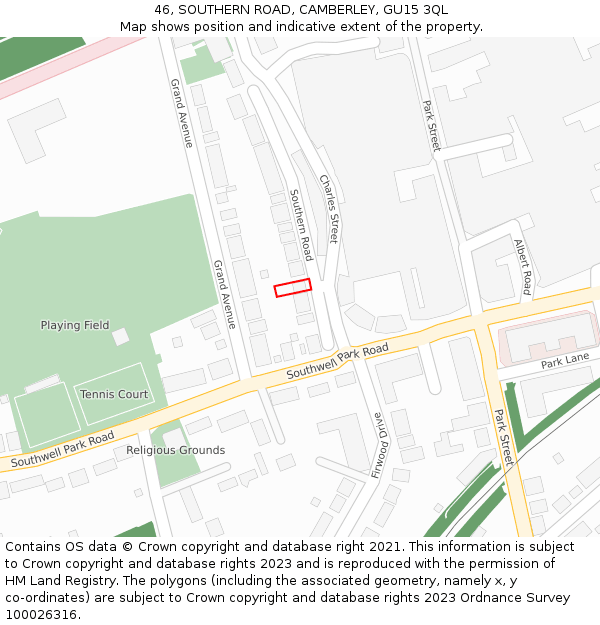 46, SOUTHERN ROAD, CAMBERLEY, GU15 3QL: Location map and indicative extent of plot