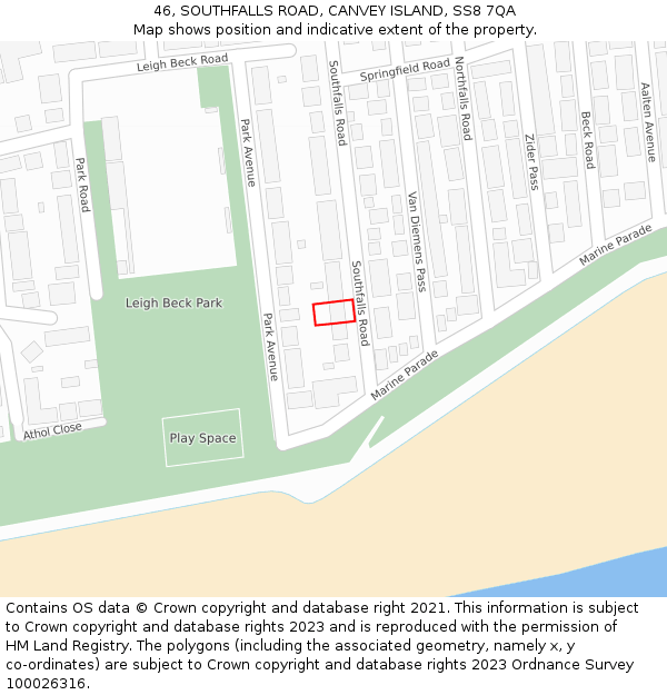 46, SOUTHFALLS ROAD, CANVEY ISLAND, SS8 7QA: Location map and indicative extent of plot