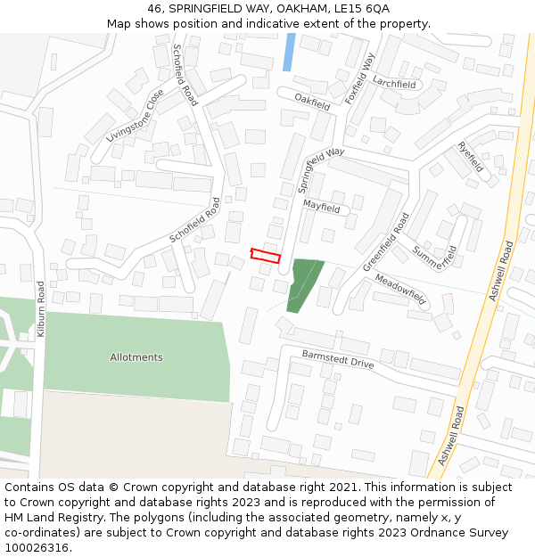 46, SPRINGFIELD WAY, OAKHAM, LE15 6QA: Location map and indicative extent of plot