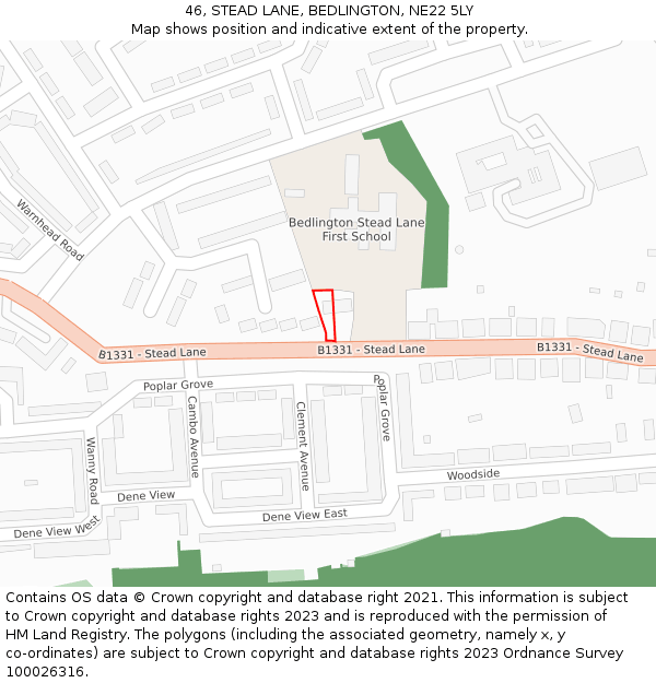 46, STEAD LANE, BEDLINGTON, NE22 5LY: Location map and indicative extent of plot