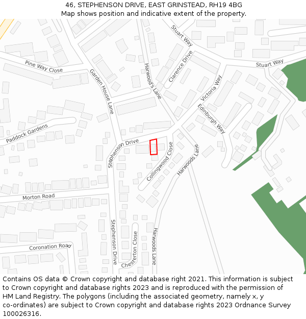 46, STEPHENSON DRIVE, EAST GRINSTEAD, RH19 4BG: Location map and indicative extent of plot