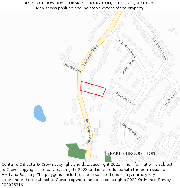 46, STONEBOW ROAD, DRAKES BROUGHTON, PERSHORE, WR10 2AR: Location map and indicative extent of plot