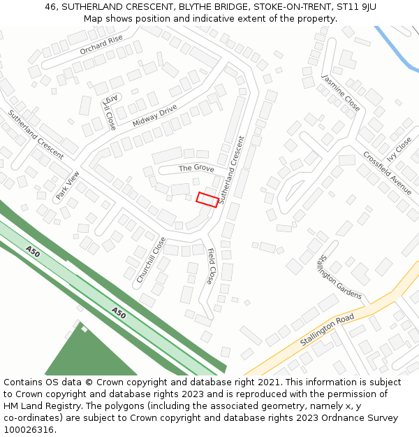 46, SUTHERLAND CRESCENT, BLYTHE BRIDGE, STOKE-ON-TRENT, ST11 9JU: Location map and indicative extent of plot