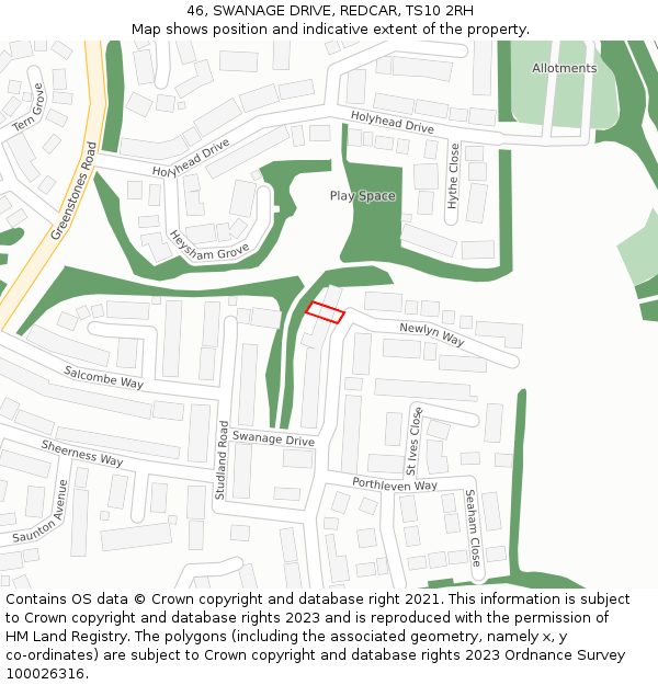 46, SWANAGE DRIVE, REDCAR, TS10 2RH: Location map and indicative extent of plot