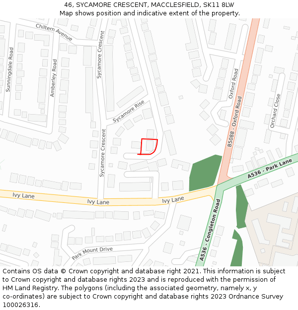 46, SYCAMORE CRESCENT, MACCLESFIELD, SK11 8LW: Location map and indicative extent of plot