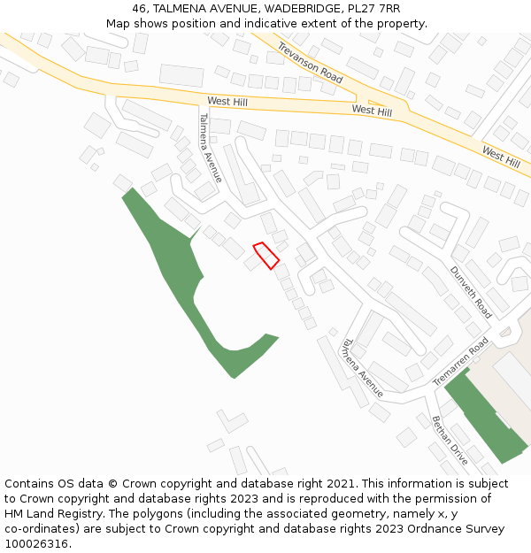 46, TALMENA AVENUE, WADEBRIDGE, PL27 7RR: Location map and indicative extent of plot