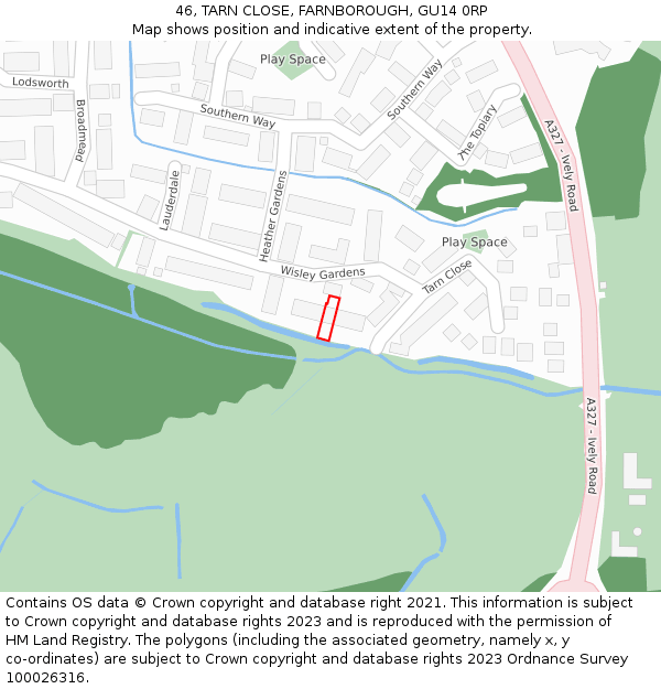 46, TARN CLOSE, FARNBOROUGH, GU14 0RP: Location map and indicative extent of plot