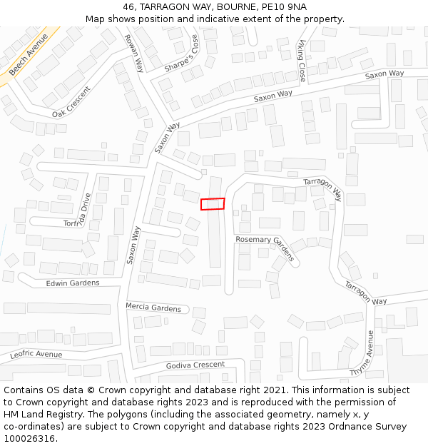 46, TARRAGON WAY, BOURNE, PE10 9NA: Location map and indicative extent of plot