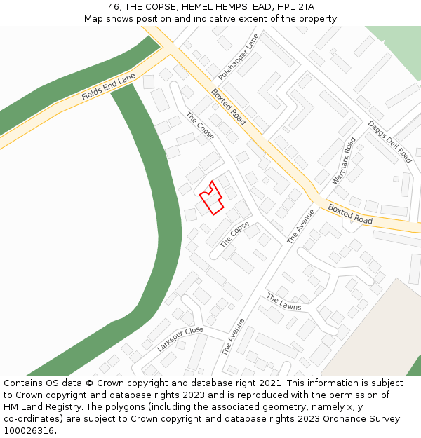 46, THE COPSE, HEMEL HEMPSTEAD, HP1 2TA: Location map and indicative extent of plot