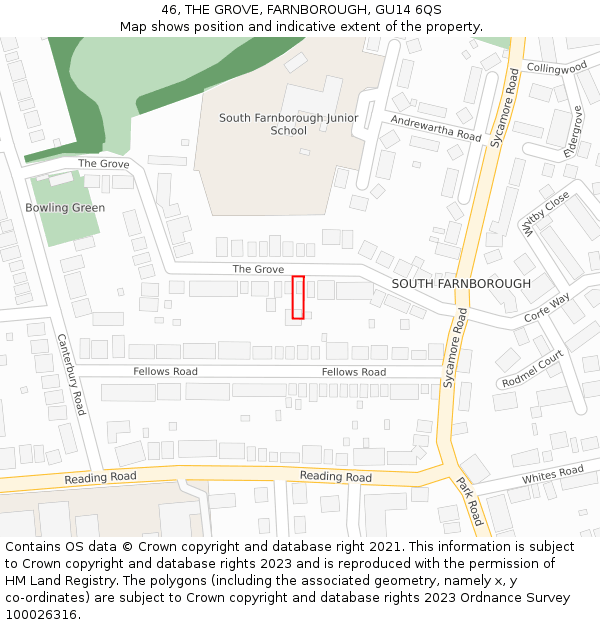 46, THE GROVE, FARNBOROUGH, GU14 6QS: Location map and indicative extent of plot