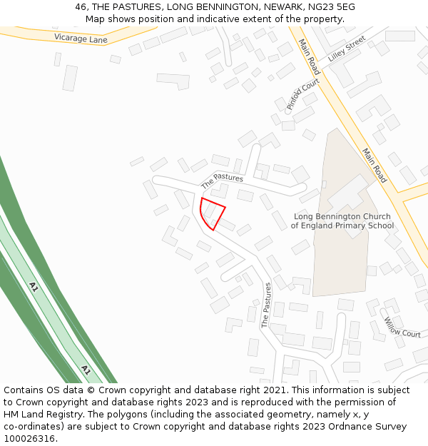 46, THE PASTURES, LONG BENNINGTON, NEWARK, NG23 5EG: Location map and indicative extent of plot