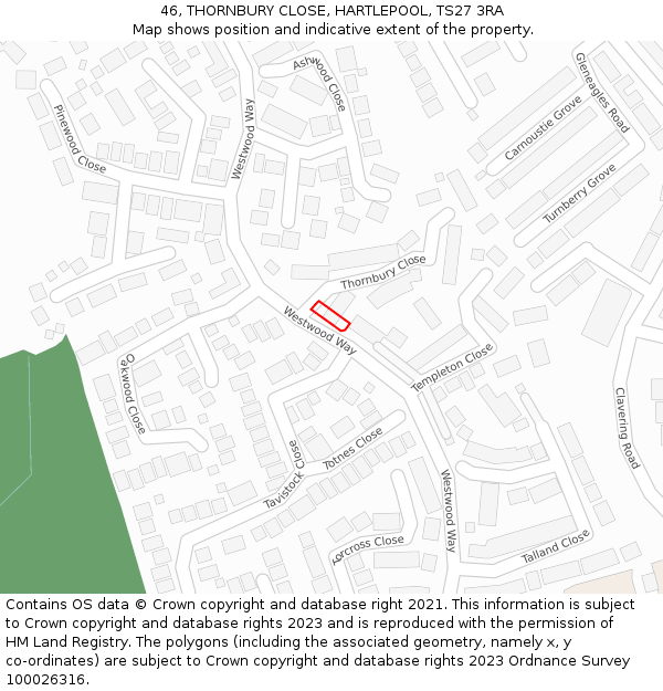 46, THORNBURY CLOSE, HARTLEPOOL, TS27 3RA: Location map and indicative extent of plot