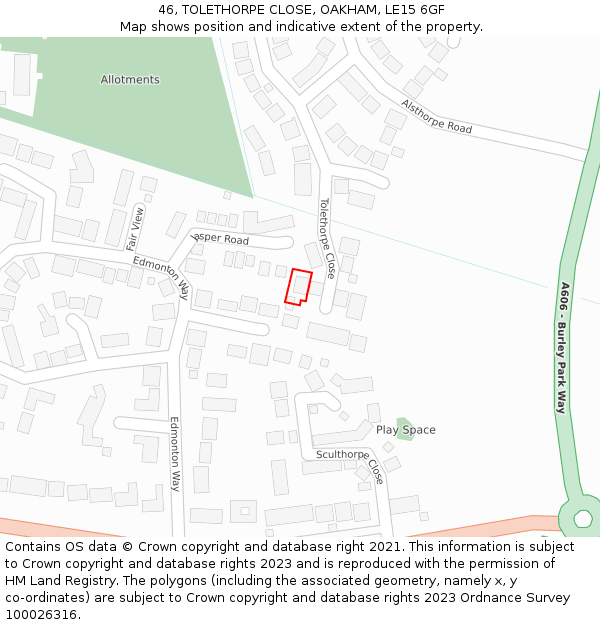 46, TOLETHORPE CLOSE, OAKHAM, LE15 6GF: Location map and indicative extent of plot