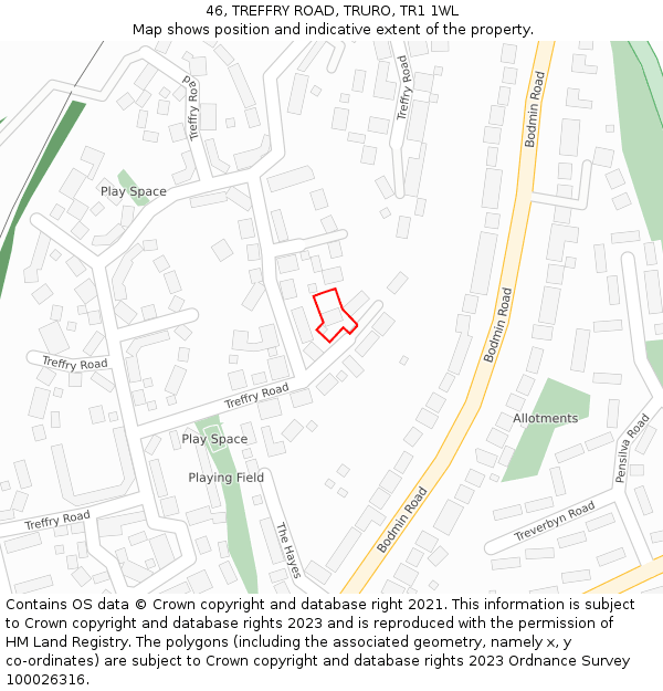 46, TREFFRY ROAD, TRURO, TR1 1WL: Location map and indicative extent of plot