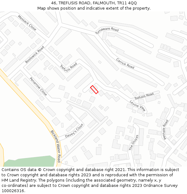 46, TREFUSIS ROAD, FALMOUTH, TR11 4QQ: Location map and indicative extent of plot