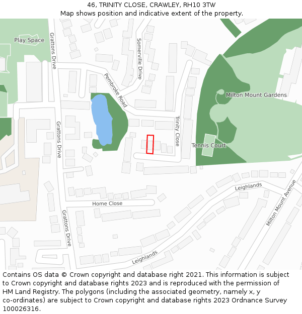 46, TRINITY CLOSE, CRAWLEY, RH10 3TW: Location map and indicative extent of plot