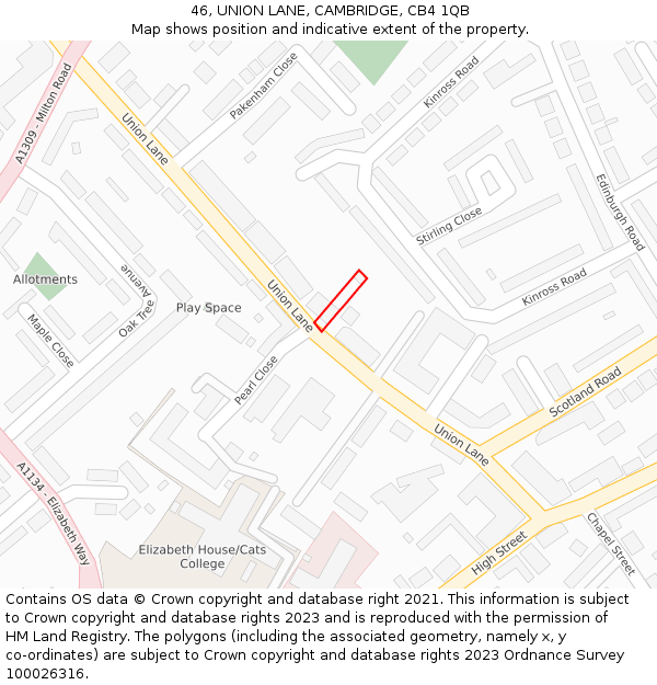 46, UNION LANE, CAMBRIDGE, CB4 1QB: Location map and indicative extent of plot