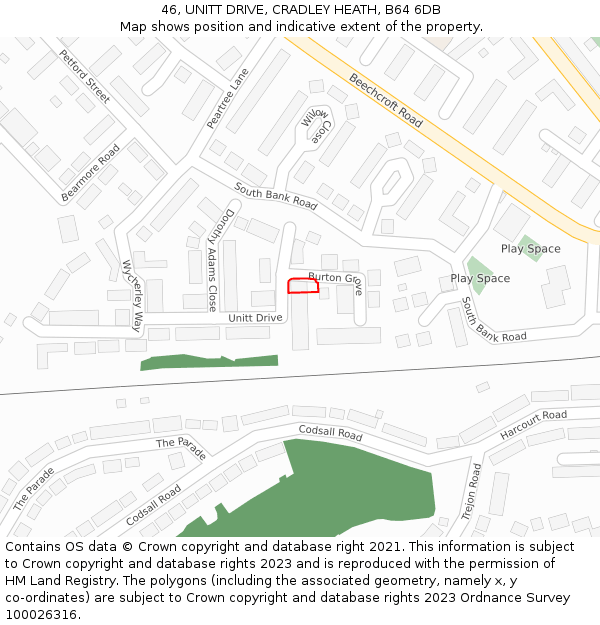 46, UNITT DRIVE, CRADLEY HEATH, B64 6DB: Location map and indicative extent of plot