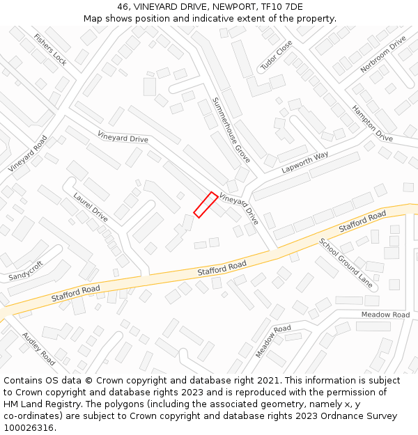 46, VINEYARD DRIVE, NEWPORT, TF10 7DE: Location map and indicative extent of plot