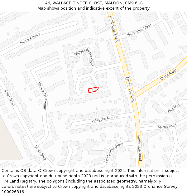 46, WALLACE BINDER CLOSE, MALDON, CM9 6LG: Location map and indicative extent of plot