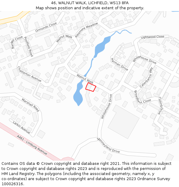 46, WALNUT WALK, LICHFIELD, WS13 8FA: Location map and indicative extent of plot
