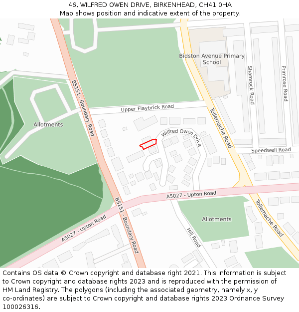 46, WILFRED OWEN DRIVE, BIRKENHEAD, CH41 0HA: Location map and indicative extent of plot