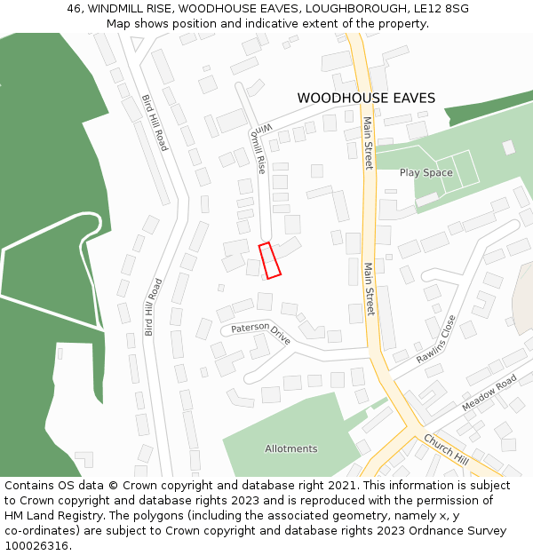 46, WINDMILL RISE, WOODHOUSE EAVES, LOUGHBOROUGH, LE12 8SG: Location map and indicative extent of plot