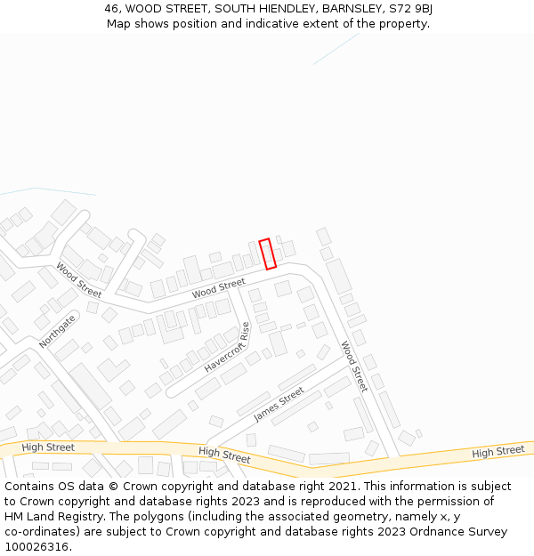 46, WOOD STREET, SOUTH HIENDLEY, BARNSLEY, S72 9BJ: Location map and indicative extent of plot