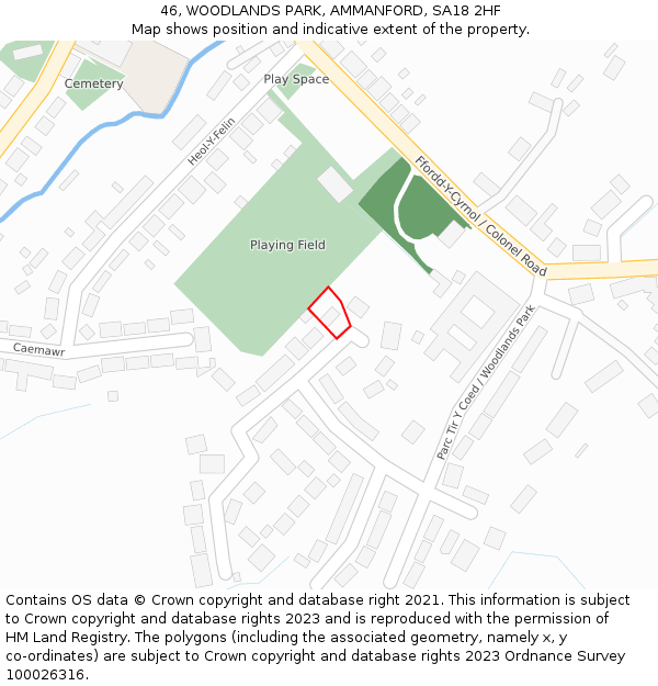 46, WOODLANDS PARK, AMMANFORD, SA18 2HF: Location map and indicative extent of plot