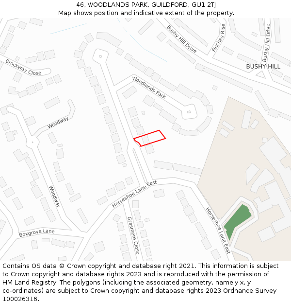 46, WOODLANDS PARK, GUILDFORD, GU1 2TJ: Location map and indicative extent of plot