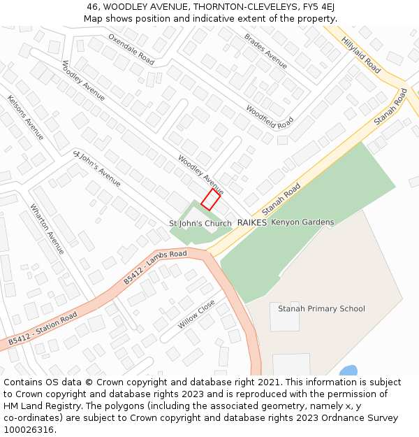 46, WOODLEY AVENUE, THORNTON-CLEVELEYS, FY5 4EJ: Location map and indicative extent of plot